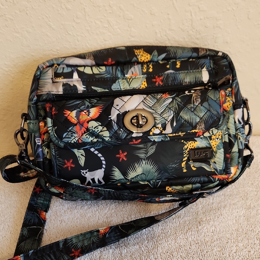 lug Black Tropical Print Crossbody with Colorful Jungle Motifs